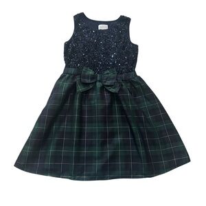 Girls Sequin Plaid Knit To Woven Dresss- Green Size 10